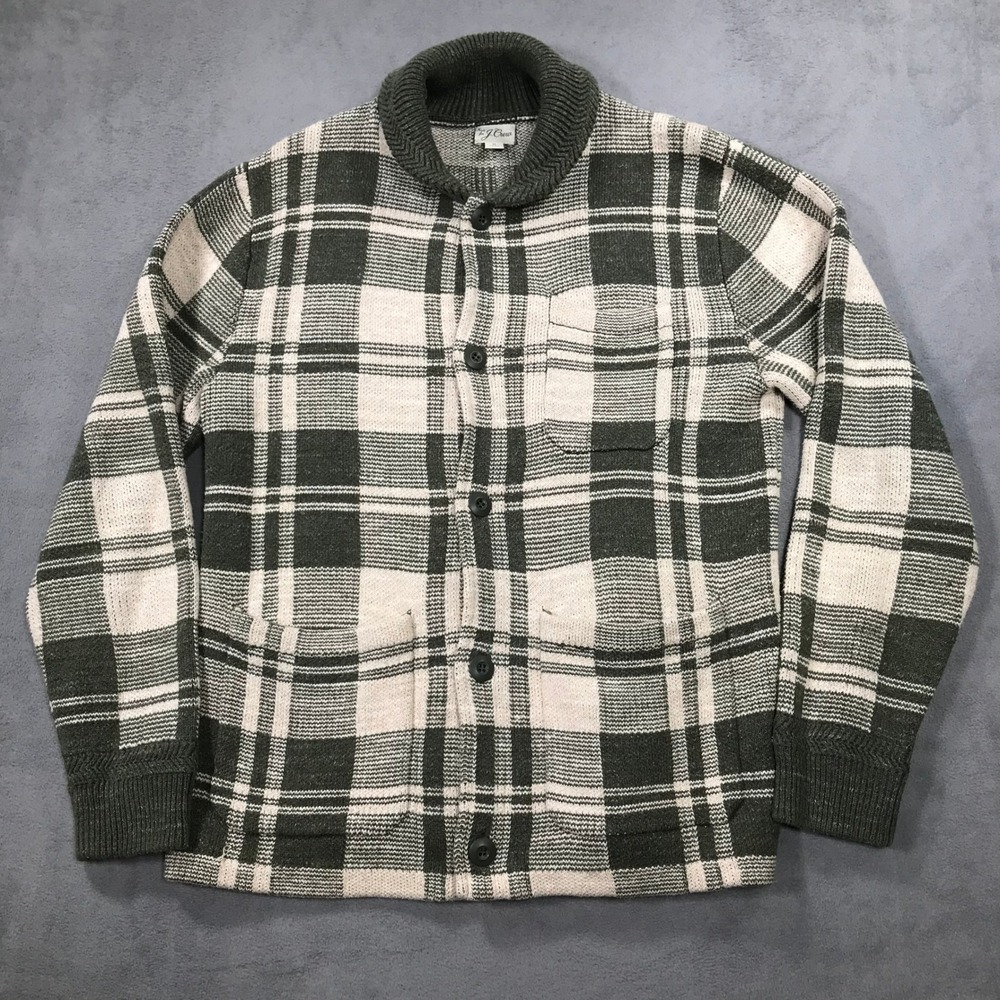 J. Crew Chore Jacket Plaid Shawl Collar Cotton Knit Cardigan Sweater Mens Small